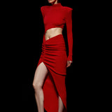 Red High Neck Maxi Dress With Open Front