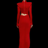 Red High Neck Maxi Dress With Open Front