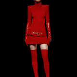 Knitted Red Mini Dress with High Neck And Gold Belt Detail