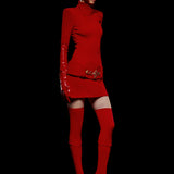 Knitted Red Mini Dress with High Neck And Gold Belt Detail