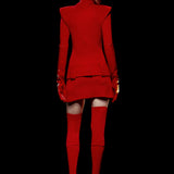 Knitted Red Mini Dress with High Neck And Gold Belt Detail