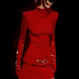 Knitted Red Mini Dress with High Neck And Gold Belt Detail