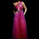 One Shouldered Fuschia Pleated Maxi Dress with Crystal Stone Detail
