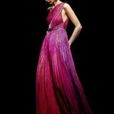 One Shouldered Fuschia Pleated Maxi Dress with Crystal Stone Detail