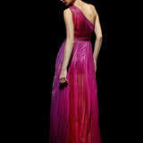 One Shouldered Fuschia Pleated Maxi Dress with Crystal Stone Detail