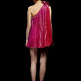One Shouldered Fuschia Pleated Mini Dress with Crystal Stone Detail