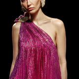One Shouldered Fuschia Pleated Mini Dress with Crystal Stone Detail