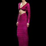 Crochet Velvet Midi Skirt with Fuschia Glitter Print Detail
