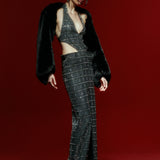 V-Neck Grey Side Open Maxi Dress with Ecose Crystal Stone and High Slit Detail