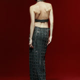 V-Neck Grey Side Open Maxi Dress with Ecose Crystal Stone and High Slit Detail