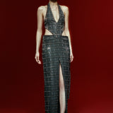 V-Neck Grey Side Open Maxi Dress with Ecose Crystal Stone and High Slit Detail