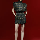 High Neck Black Chiffon Mini Dress with Gold Ecose and Stone Details