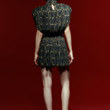 High Neck Black Chiffon Mini Dress with Gold Ecose and Stone Details