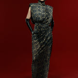 High Neck Black Chiffon Midi Dress with Gold Ecose and Stone Details