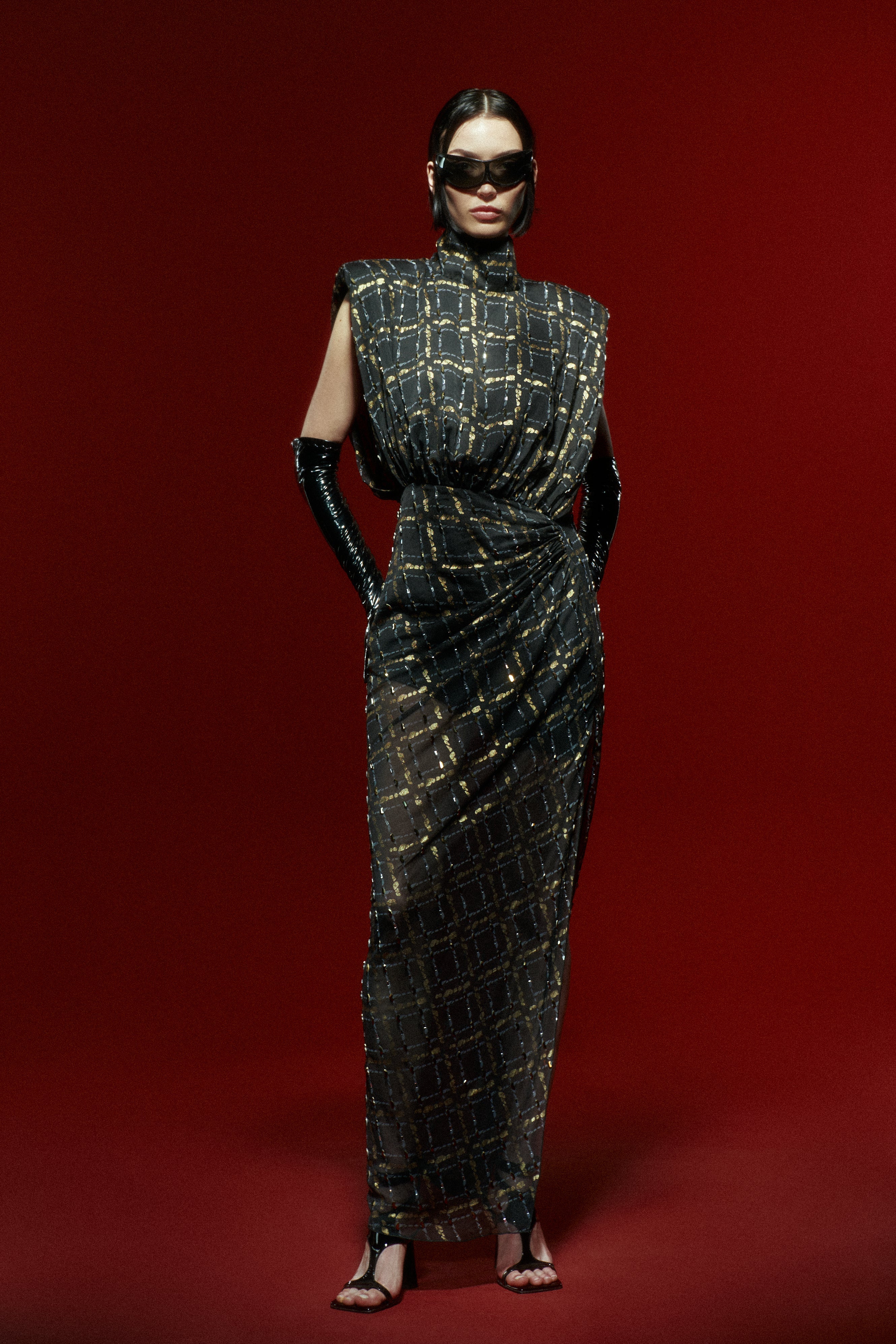 High Neck Black Chiffon Midi Dress with Gold Ecose and Stone Details RAISA VANESSA INT High Neck Black Chiffon Midi Dress with Gold Ecose and Stone Details RAISA VANESSA INT