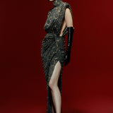 High Neck Black Chiffon Midi Dress with Gold Ecose and Stone Details