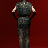 High Neck Black Chiffon Midi Dress with Gold Ecose and Stone Details