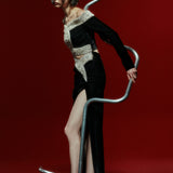 Off Shoulders Black Velvet Midi Dress with Crystal Beading and High Slit
