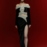 Off Shoulders Black Velvet Midi Dress with Crystal Beading and High Slit