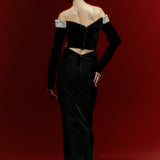 Off Shoulders Black Velvet Midi Dress with Crystal Beading and High Slit