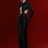 Black Chiffon Maxi Dress with Embroidery and Velvet Open Front Detail