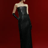 Strapless Black Sequined Tweed Maxi Dress