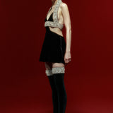 Velvet Black Mini Dress with Halter Strap and Crystal Stone Detail