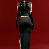 Black Square Sequined Midi Skirt with Slit Detail