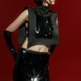 Black Square Sequined Midi Skirt with Slit Detail
