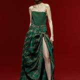 Puffy Green Ecose Maxi Skirt with High Slit