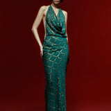 Green Degage Neck Maxi Dress with Gold Ecose and Print Details without Stones