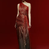 Gradient Shimmering Draped Midi Dress With One Shoulder