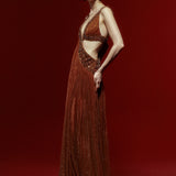 Brown Shimmering Pleated Maxi Dress with Cutout and Beading Detail