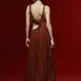 Brown Shimmering Pleated Maxi Dress with Cutout and Beading Detail