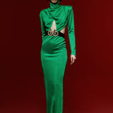 Knitted Green Midi Dress with High Neck and Belt Detail without Buckle