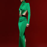 Knitted Green Midi Dress with High Neck and Belt Detail without Buckle