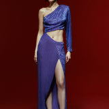 One Shouldered Sax Chiffon Hand-Made Sequined Maxi Dress