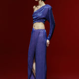 One Shouldered Sax Chiffon Hand-Made Sequined Maxi Dress