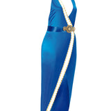 Halter Neck Midi Dress with Slit and Belt Details
