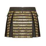 Khaki Pleated Mini Skirt with Gold Details