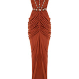 Strapless Terracotta Maxi Dress with High Slit and Gold Accessory Details