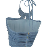 Indigo Buzzy Corset Top with Drape and Gold Ivory Accessory Details