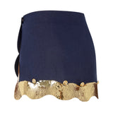 Navy Linen Mini Skirt With Gold Wavy Sequin Details