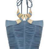Indigo Buzzy Corset Top with Drape and Gold Ivory Accessory Details
