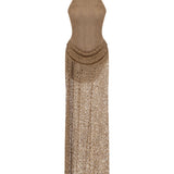 Beige Lace Crochet Halter Neck Maxi Dress with Embroidery Details