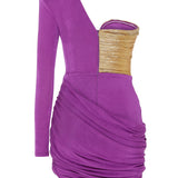 One Sleeve Purple Mini Dress with Drape and Gold Details