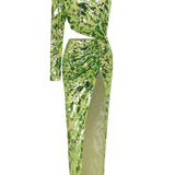 Pistachio One Shoulder Maxi Dress with Patterned Sequin and High Slit Details