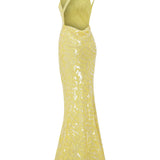 Lemon Turtle Neck Maxi Dress with Patterned Sequin Details and Open Back
