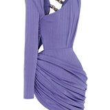 Violet Buzzy One Sleeve Mini Dress with Gold Rolled Accessory Details