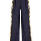 Navy Linen Wide Leg Pants with Gold Wavy Sequin Details